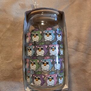 Furby Patterned Glass Tumbler with Bamboo Lid And Glass Straw